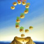 At the bottom of the picture there is a volcano that spits out boulders. The boulders thrown out form a large question mark. This question mark hovers over the volcano. Trees