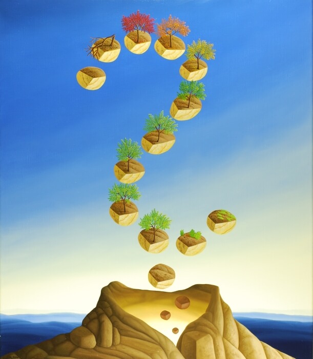 At the bottom of the picture there is a volcano that spits out boulders. The boulders thrown out form a large question mark. This question mark hovers over the volcano. Trees