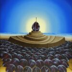 In the center of the painting is a plum. This plum stands on a rock pedestal and is obviously honored or worshiped by a multitude of other like-minded plums. Behind the plum there is a source of light that is also part of the sky. The light source makes the plum seem downright divine. Who or what is this upper plum? Who is behind the anonymous mass of the lower plums? There are certainly many interpretations here ... The painting has a custom-made model frame.